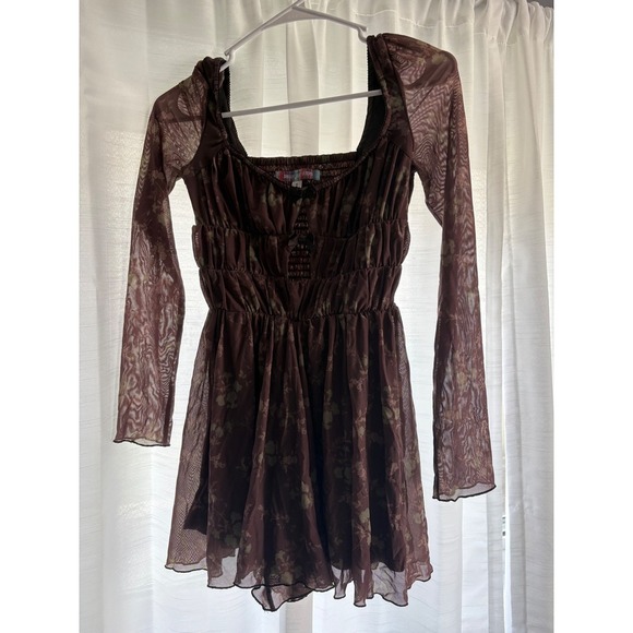 Urban Outfitters Mini Dress Floral Long Sleeve Smocked Brown Size Small - Picture 1 of 8